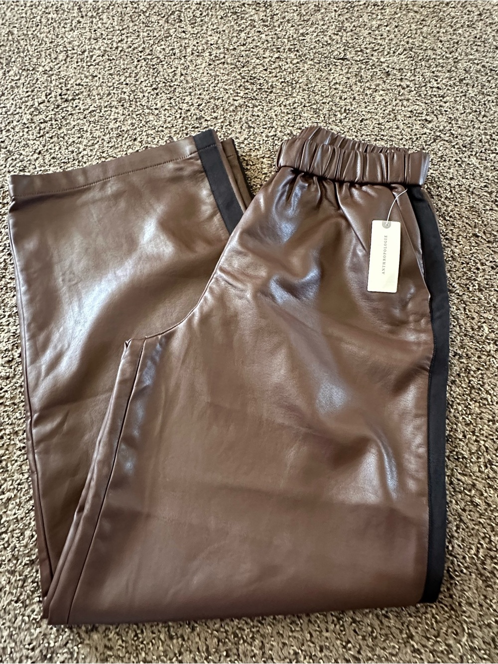Maeve Brown Faux Leather Wide-Leg Pants with Black Side Stripe - Picture 7 of 10
